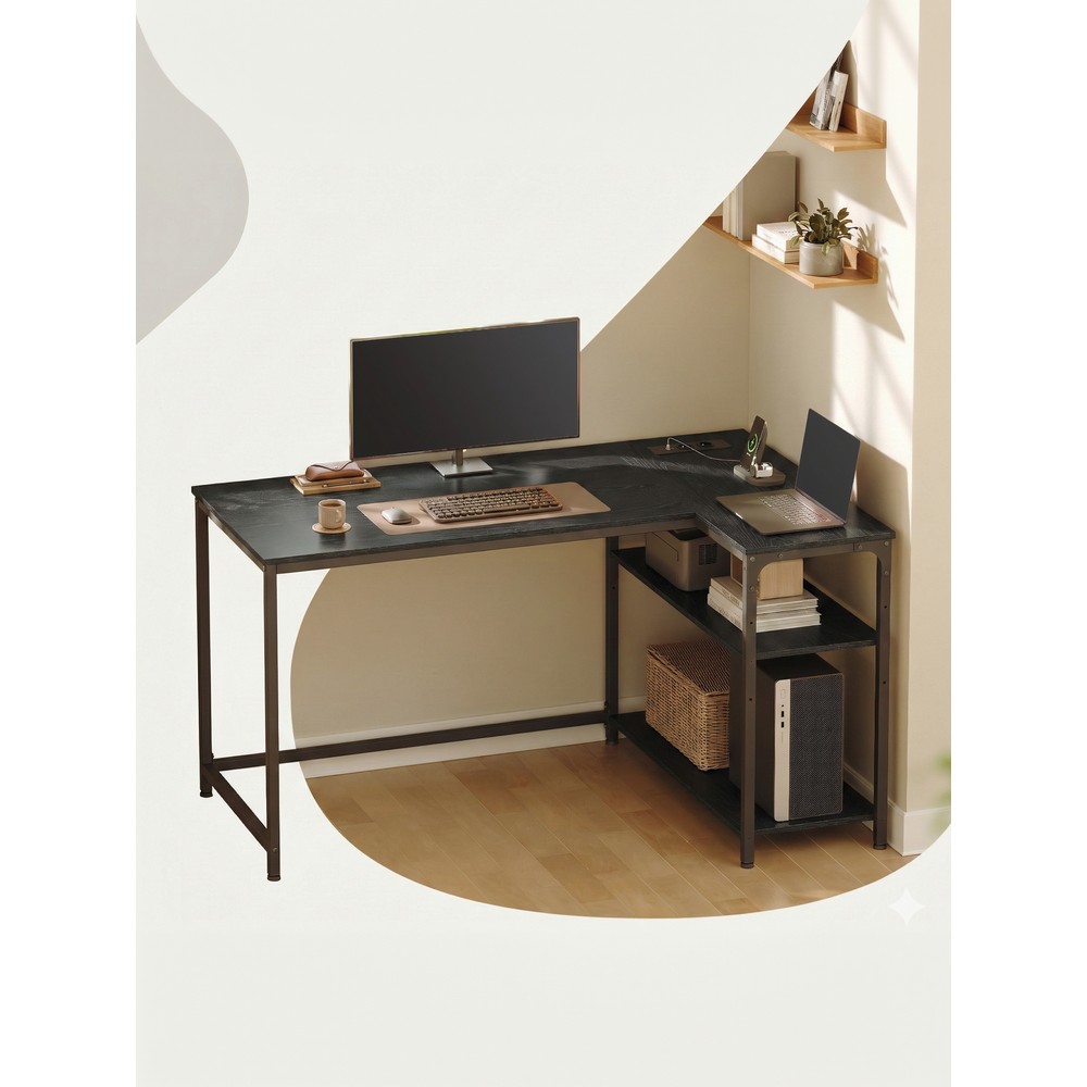 Skrivebord i L-form med stikkontakter / Hjørneskrivebord med hylde / Computerskrivebord med USB-porte
