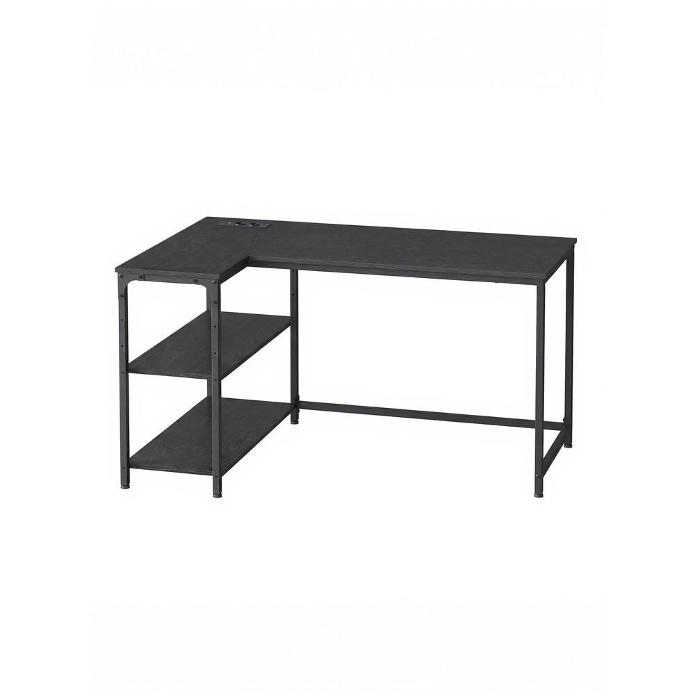 Skrivebord i L-form med stikkontakter / Hjørneskrivebord med hylde / Computerskrivebord med USB-porte