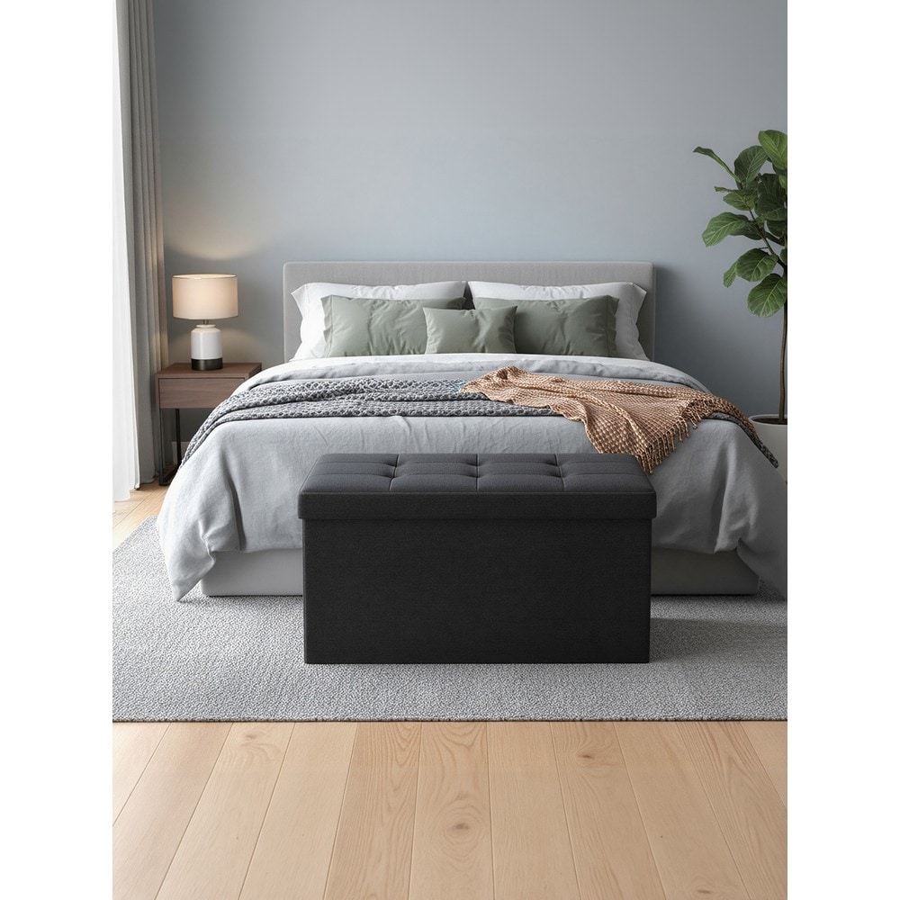 Sammenklappelig siddebænk med opbevaringsplads / Svart opbevaringsbænk 76 cm / Siddepuf og fodskammel