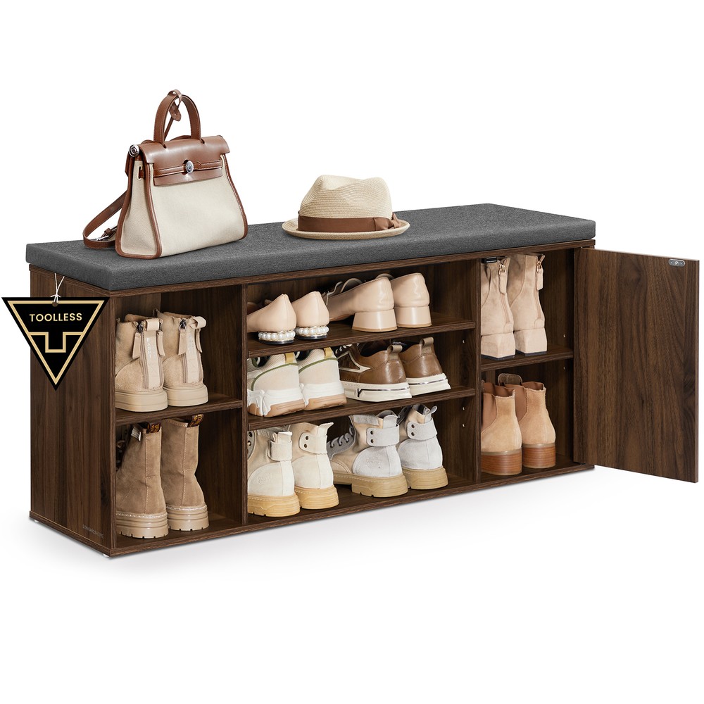 Product Image for Sko-bænk med hurtigmontering, 104 cm – Valnød/Grå / Skohylde med siddeplads / Entrébænk med opbevaringsplads