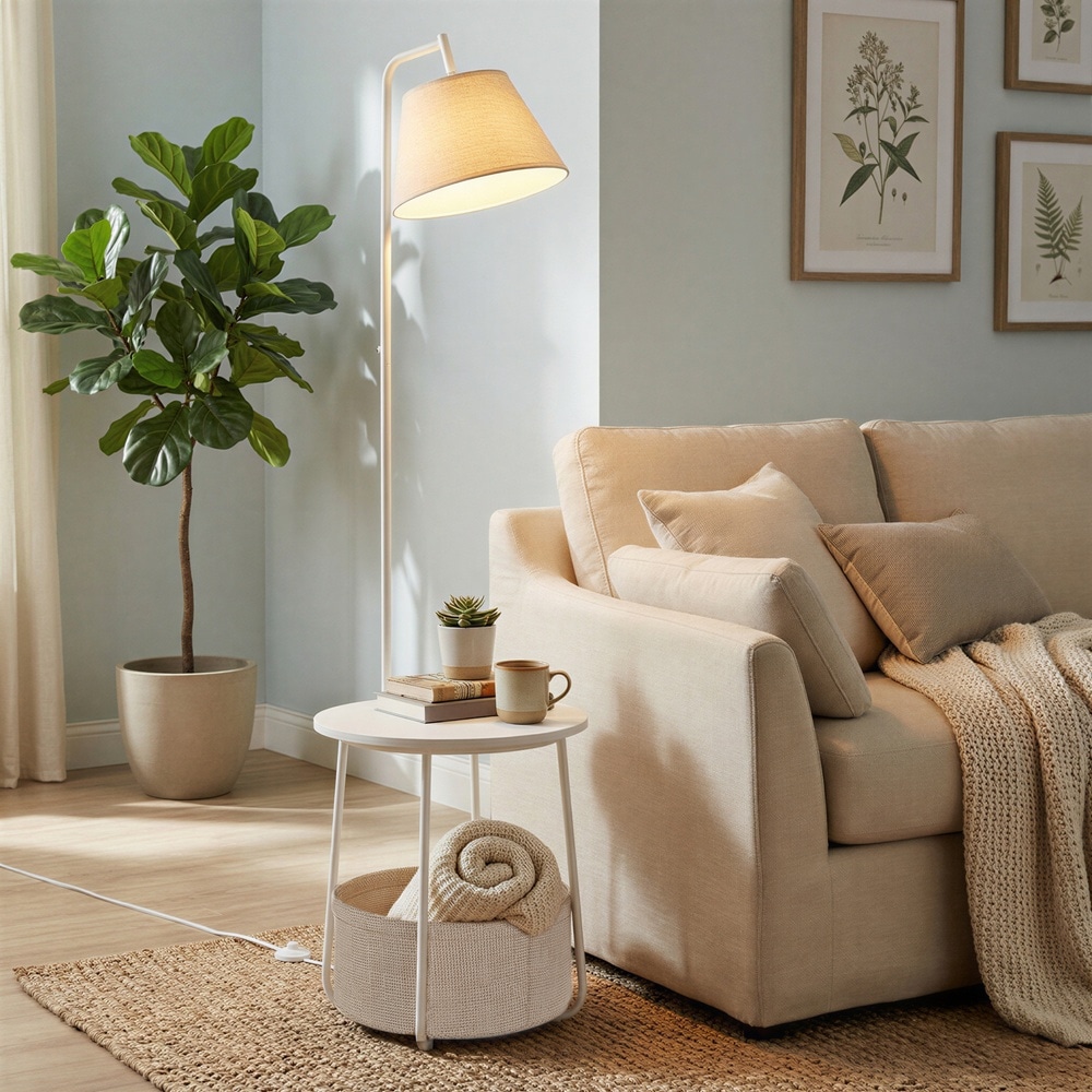 Sidebord med gulvlampe og stofkurv 3-i-1 – Hvid / Lampebord / Sidebord med belysning