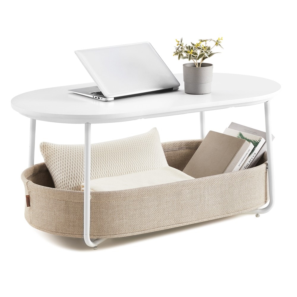 Ovalt sofabord med stofkurv 100x45 cm – Hvid / Stuebord med opbevaringsplads / Sofabord med kurv
