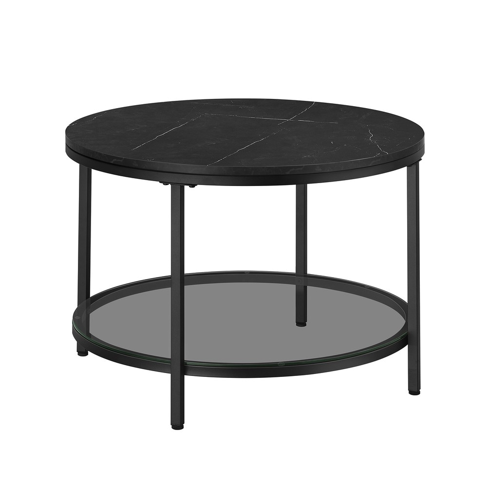 Rundt sofabord i marmorlook med glashylde, 65 cm – Svart / Sofabord i to niveauer / Rundt sofabord