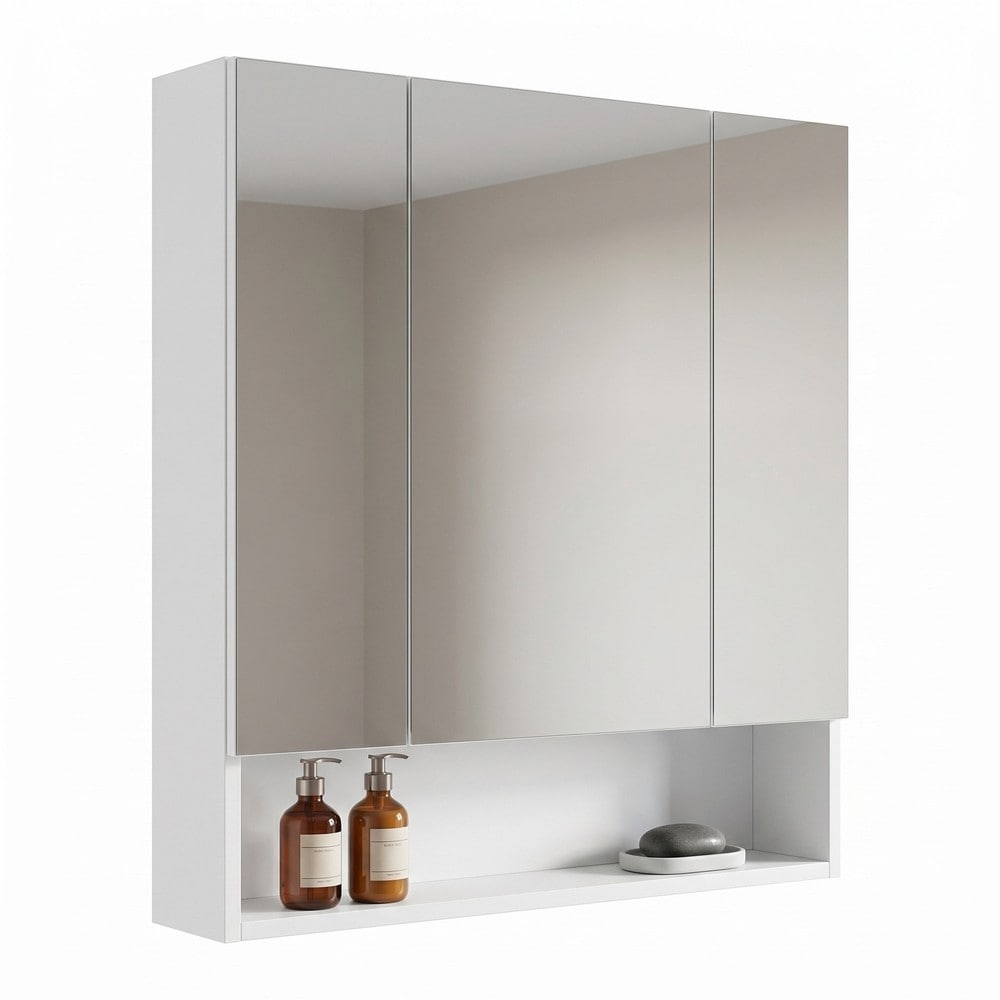 Badeværelsesspejlskab med 3 døre, 70 x 75 cm – Hvid / Badeværelsesskab med spejl / Vægskab