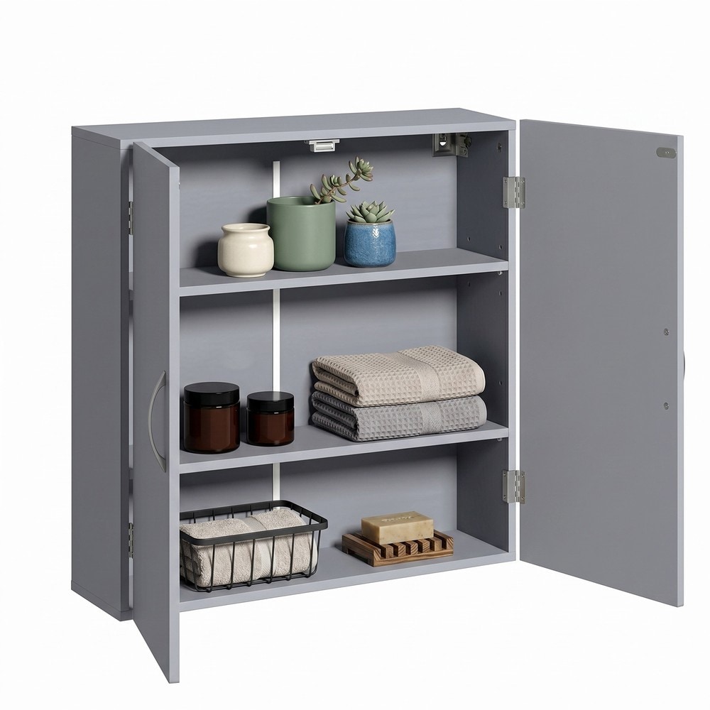Vægskab med 2 døre, 60 x 18 x 60 cm – Grå/Hvid / Badeværelsesskab med hylder / Hængende skab