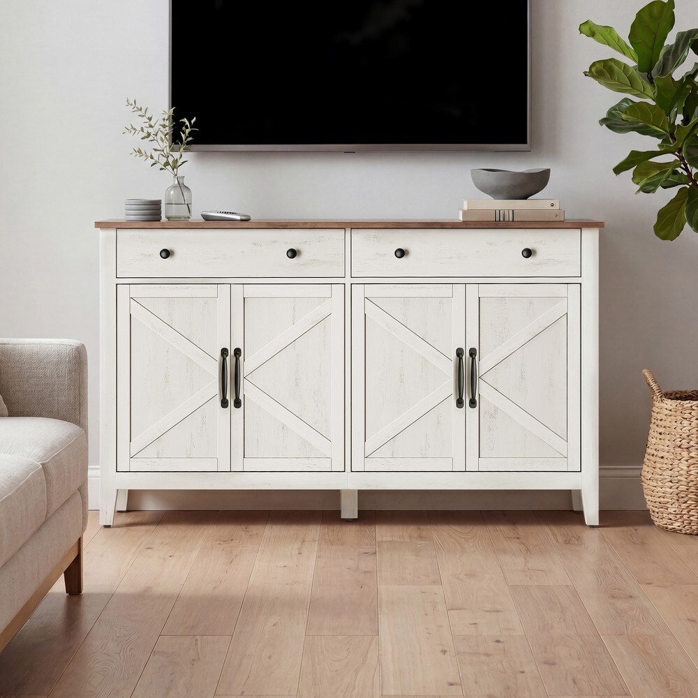 Sidebord med skuffe og låger, 140 cm – Hvid-brun / Sidebord / Opbevaringsskab til stuen