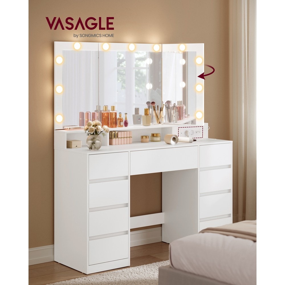 Sminkbord med spejl, LED-belysning, stikkontakt og 9 skuffer – Hvid / Sminkmøbel / Toiletbord
