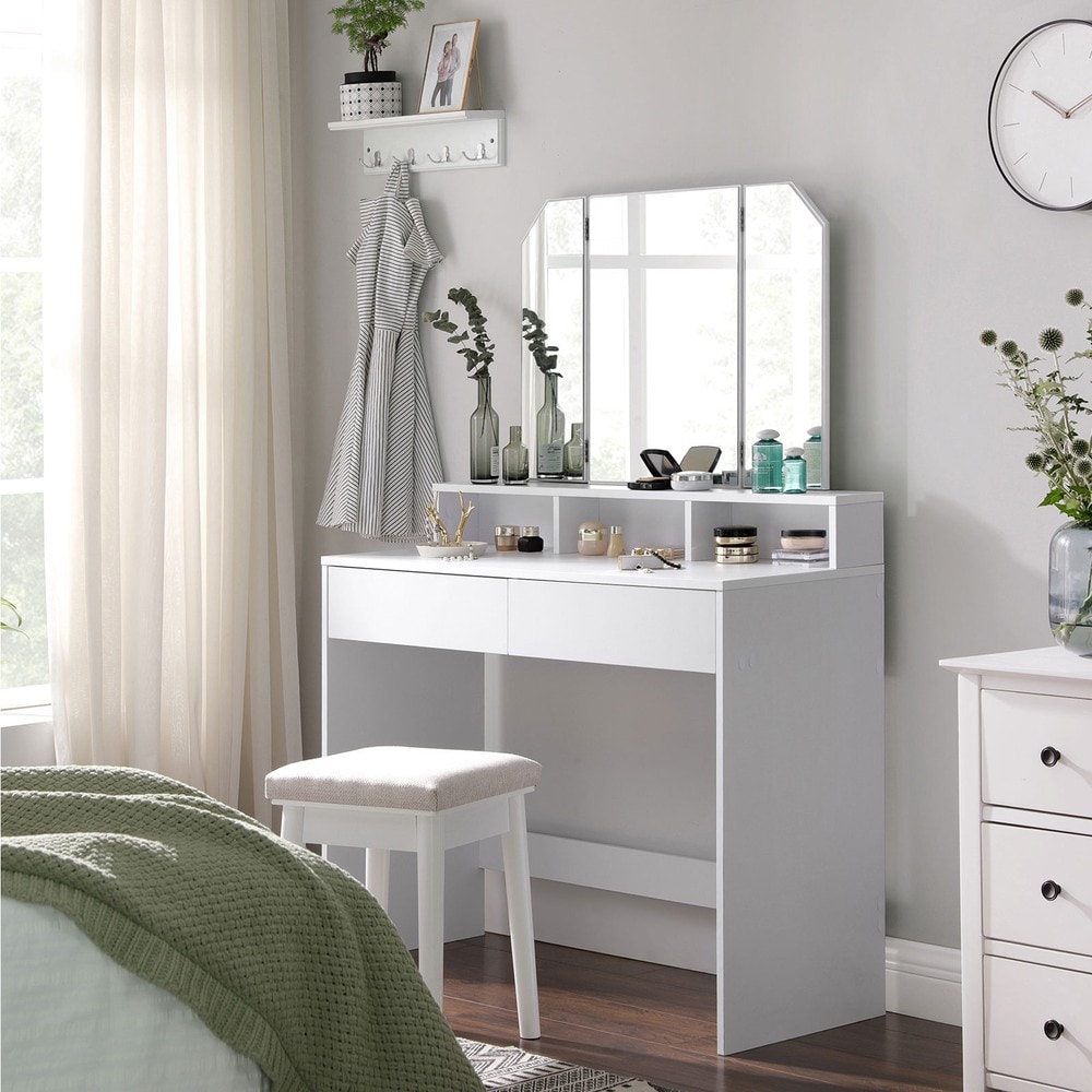 Sminkbord med tredelt spejl, 2 skuffer og 3 åbne rum – Hvid / Toiletbord / Sminkstation