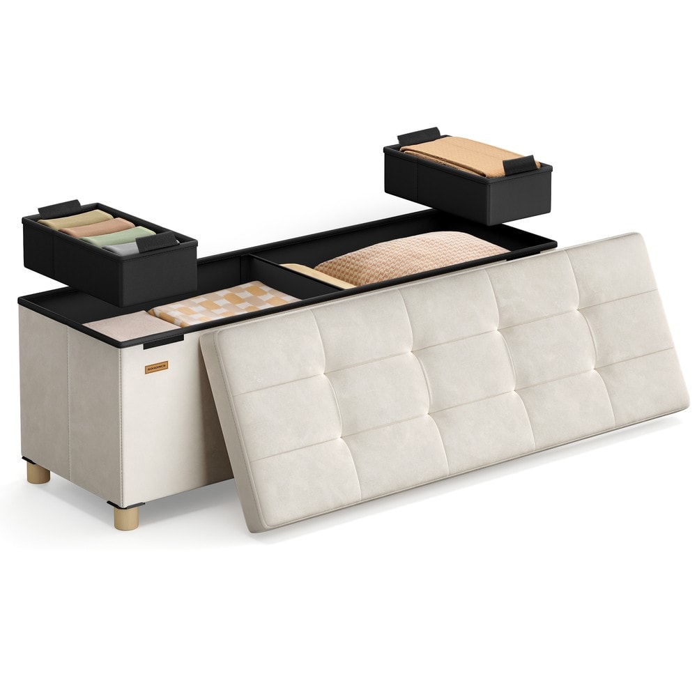 Sammenklappelig bænk med opbevaringsplads i fløjl, 110 cm – Beige / Opbevaringsbænk / Fløjlsbænk