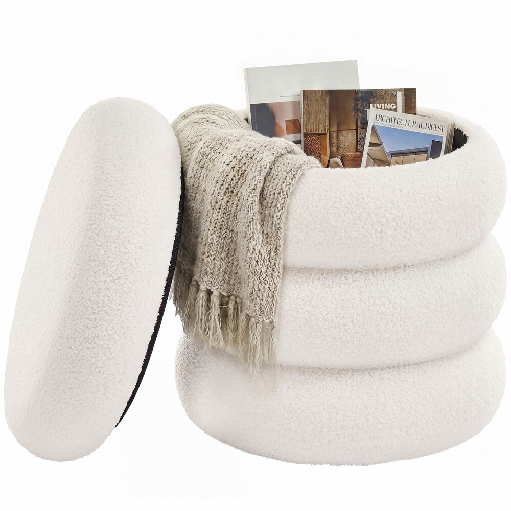 Rund siddepuf med opbevaringsrum i teddy-stof – Hvid / Polstret fodpuf / Makeup-puf med låg