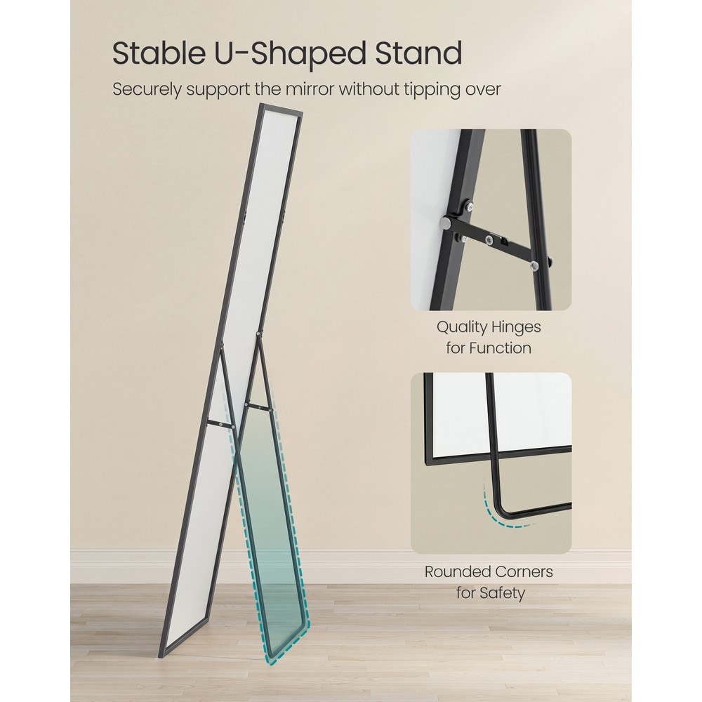 Helkropsspejl med stativ og aluminiumsramme 160 x 50 cm – Svart / Gulvspejl / Vægspejl