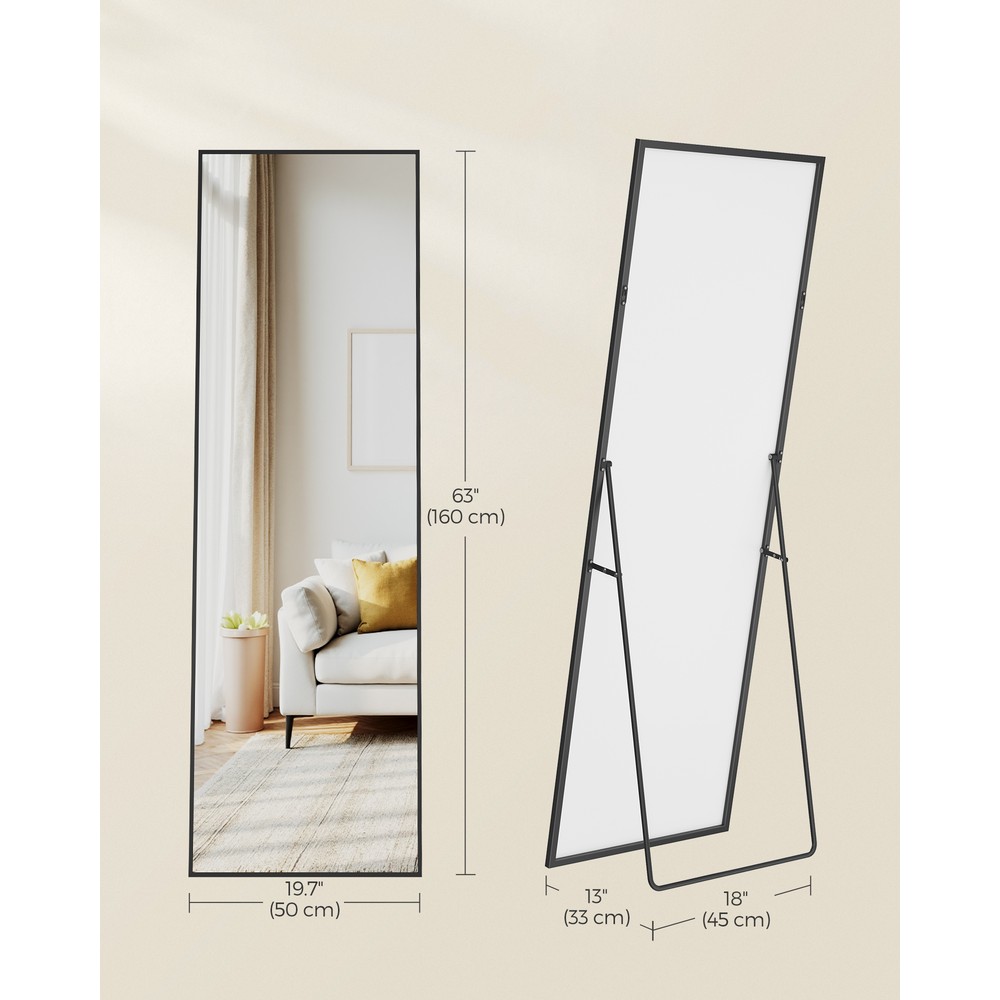 Helkropsspejl med stativ og aluminiumsramme 160 x 50 cm – Svart / Gulvspejl / Vægspejl