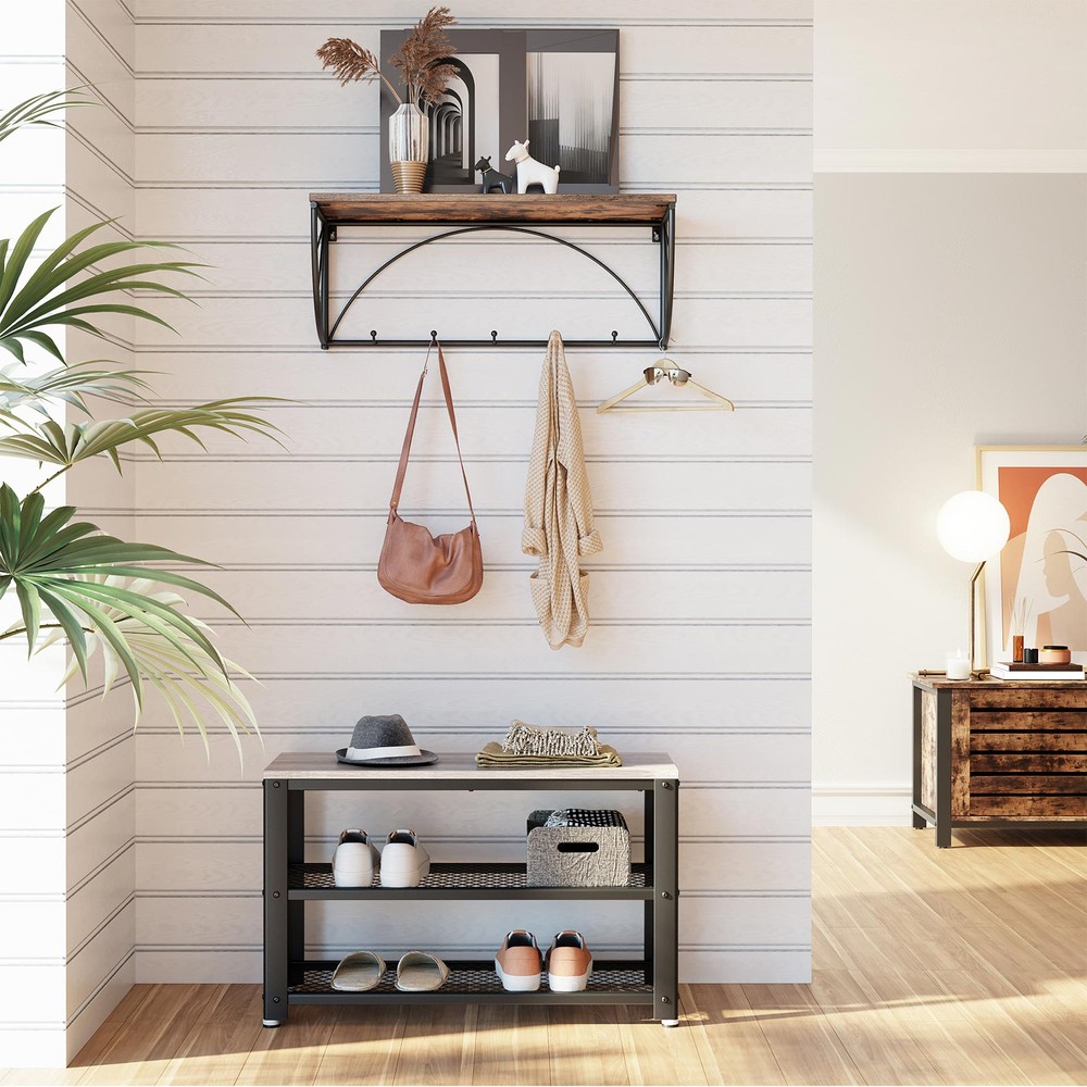Sko-bænk i industriel stil med 2 hylder, 73 cm – Gråbeige/Svart / Entrébænk / Skoreol med siddeplads