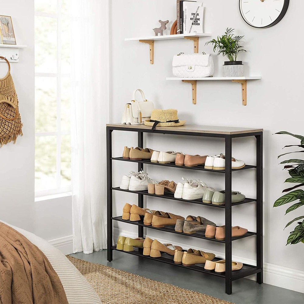 Skohylde i industristil med 4 netrum, 100 cm – Gråbeige/Svart / Skohylde / Skoopbevaring