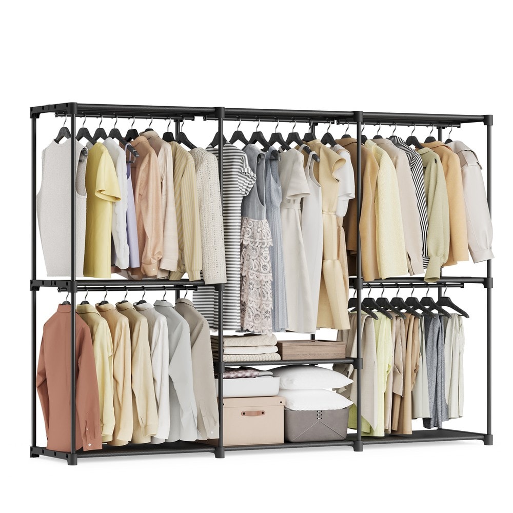 Åben garderobe med 5 tøjstænger og hylder, 205 x 43 x 166 cm – Svart / Tøjstativ / Tøjhylde