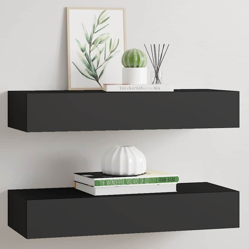 2 stk. væghylder med skuffe 60×23,5×10 cm / væghængte skuffer – Sort