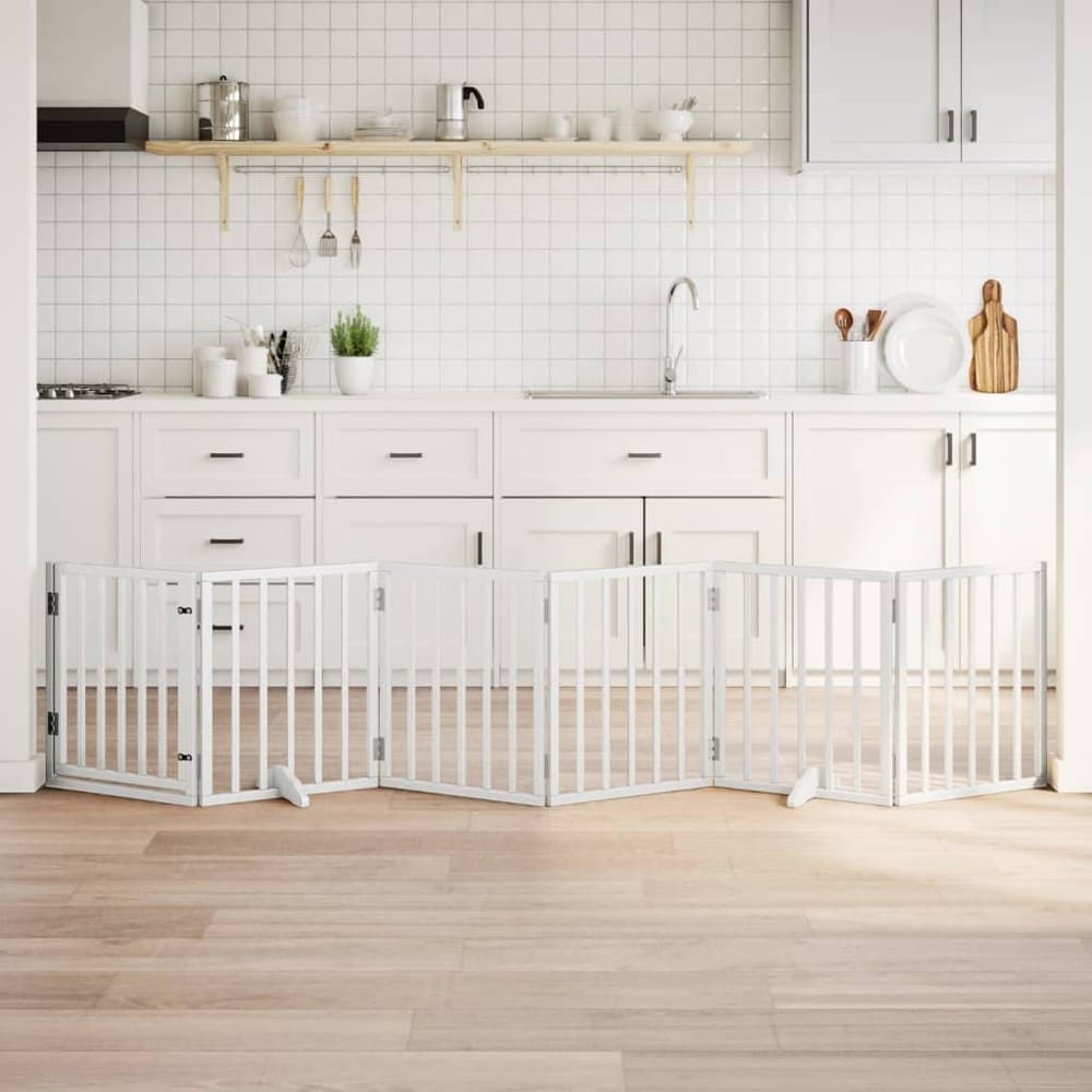 Hundegitter 300×60 cm / fritstående sammenklappeligt kæledyrsgitter med 6 paneler og dør – Hvid