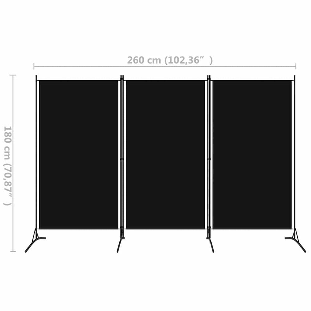 Rumdeler 3 paneler 260×180 cm / foldeskærm / skillevæg / afskærmning – Sort