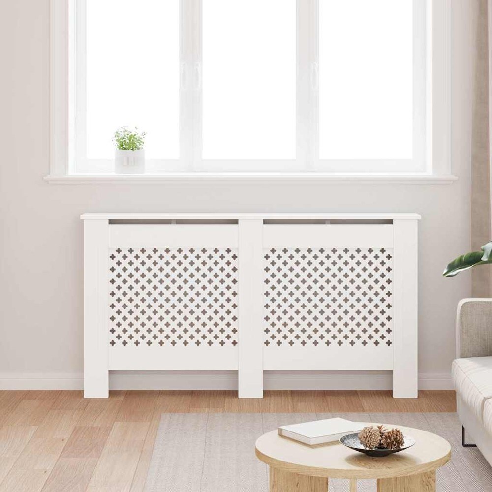 Radiatorskjuler 152×19×81,5 cm / radiatorfront i MDF med hylde og lameldesign – Hvid