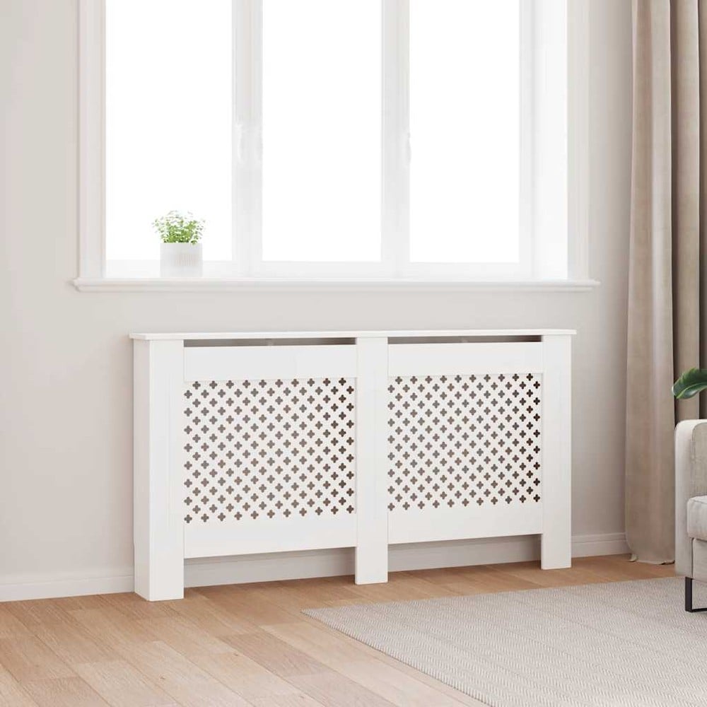 Radiatorskjuler 152×19×81,5 cm / radiatorfront i MDF med hylde og lameldesign – Hvid
