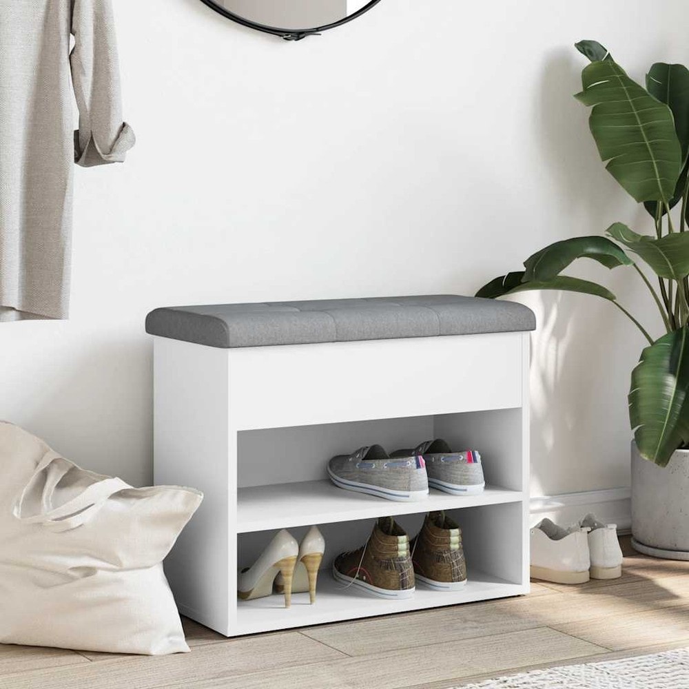 Skobenk 62×32×50 cm / sittebenk med 2 skohyller, oppbevaring og pute – Hvit/lysegrå