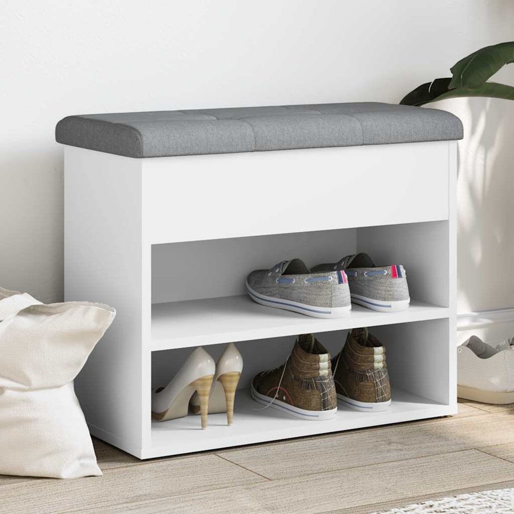 Skobenk 62×32×50 cm / sittebenk med 2 skohyller, oppbevaring og pute – Hvit/lysegrå