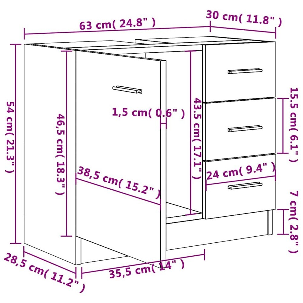 Håndvaskskab 63×30×54 cm / underskab til håndvask / badeværelsesskab med 3 skuffer – Hvid