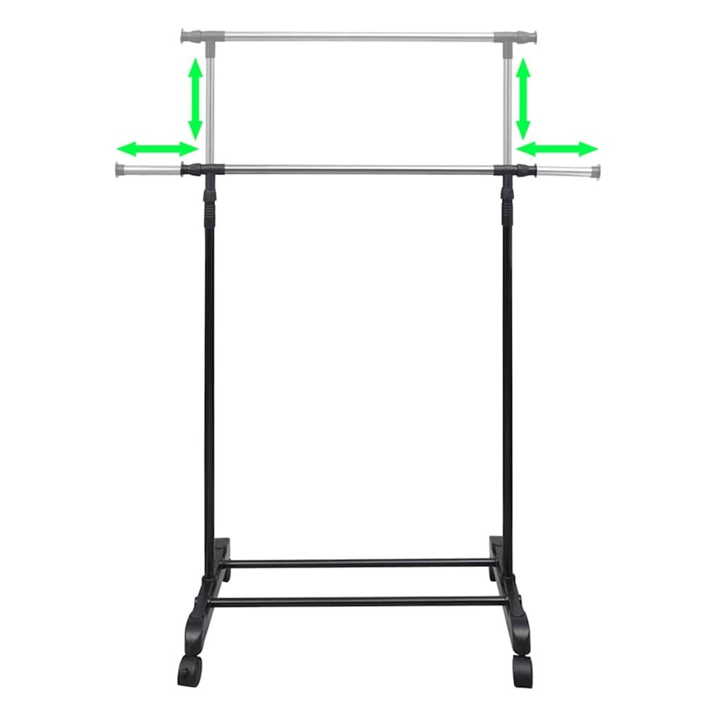 Justerbart tøjstativ 84–150×42×108–170 cm / tøjstang på hjul – Sort/sølv