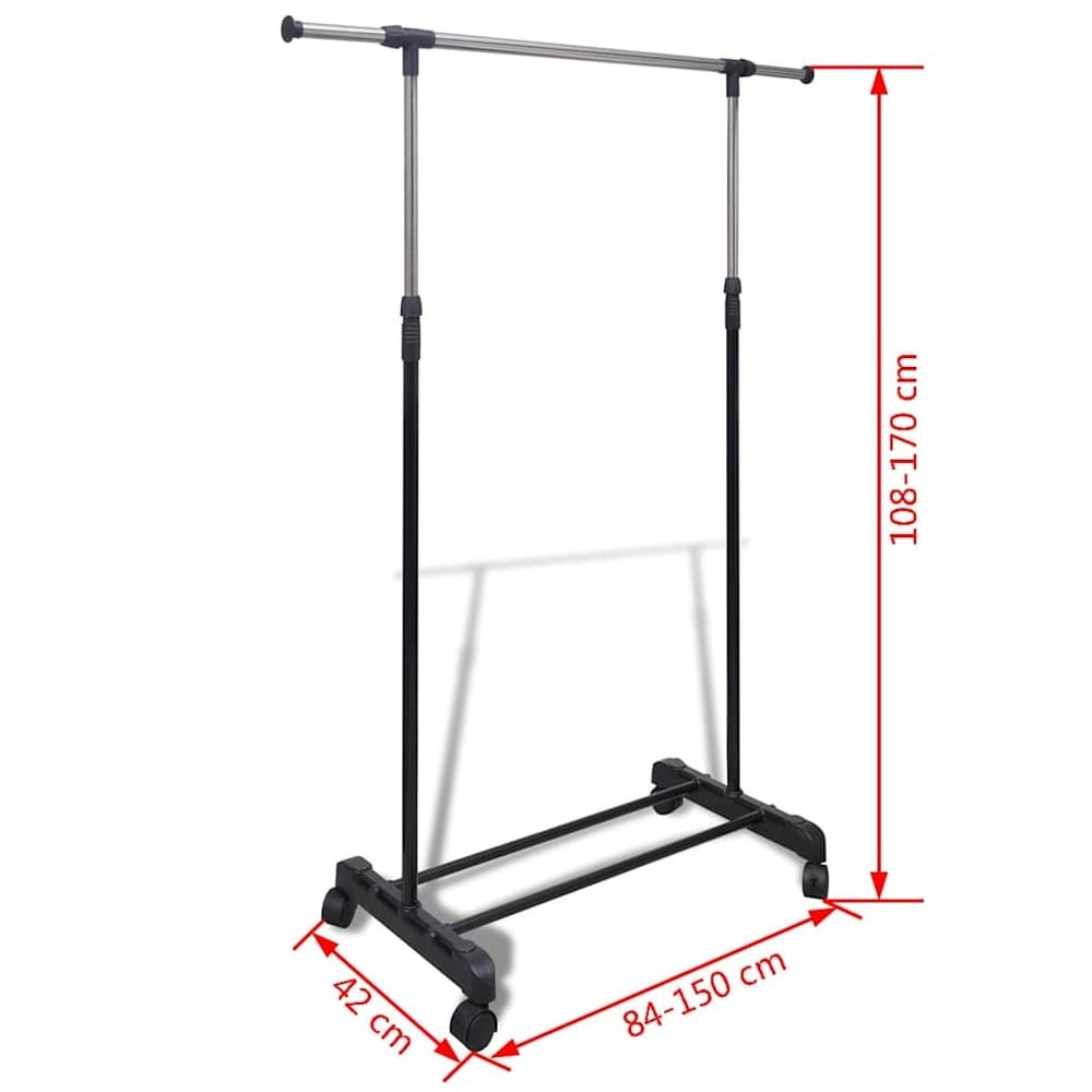 Justerbart tøjstativ 84–150×42×108–170 cm / tøjstang på hjul – Sort/sølv