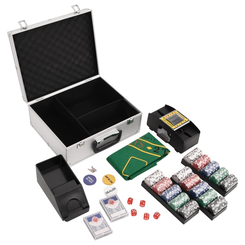 Pokersæt med 300 chips / pokerkit med kortblander, spillemåtte og aluminiumskuffert
