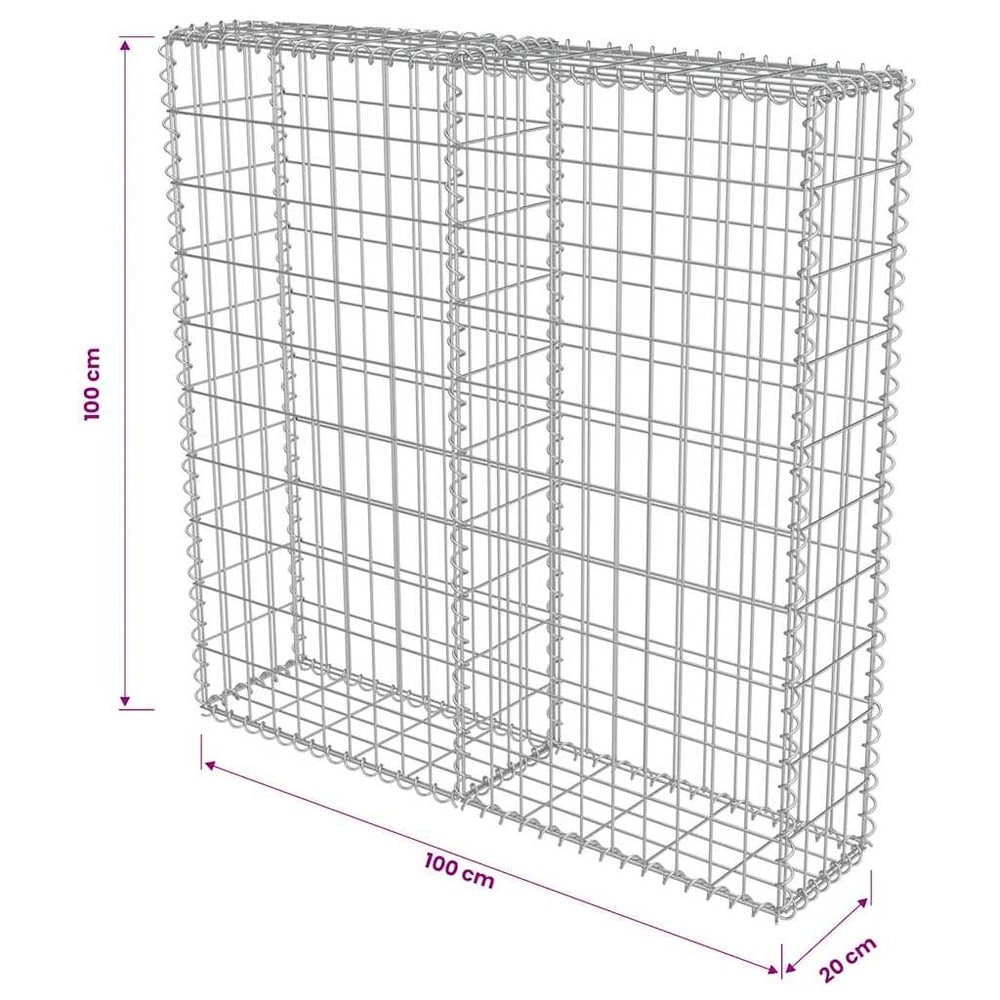 Gabionmur 100×20×100 cm / gabionkurv i galvaniseret stål til sten og grus – Sølv