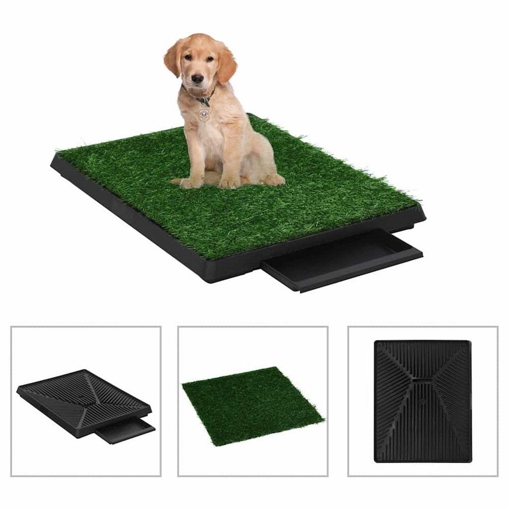 Hundetoilet med kunstgræs 63×50×7 cm / dyretoilet med rist og aftagelig bundbakke – Grøn/sort