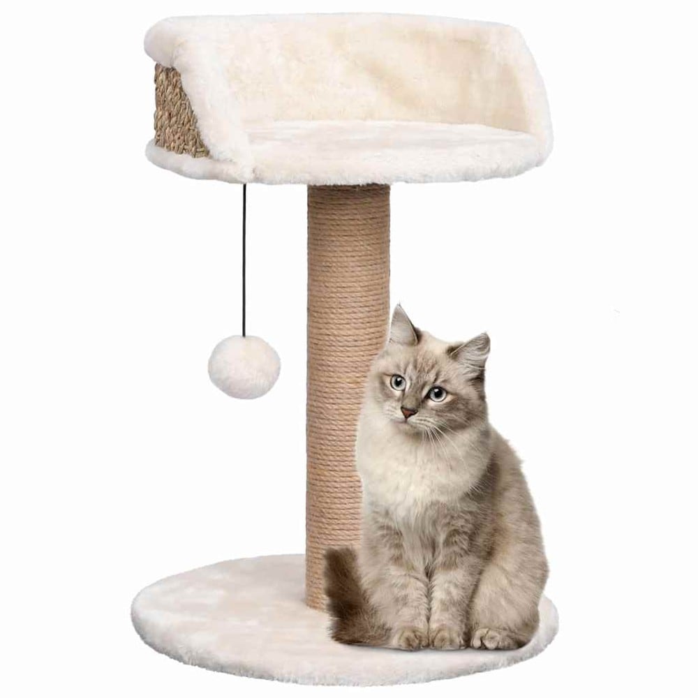 Kradsetræ til kat 49 cm / kradsepæl i søgræs med hvileplads og hængende legetøj – Beige