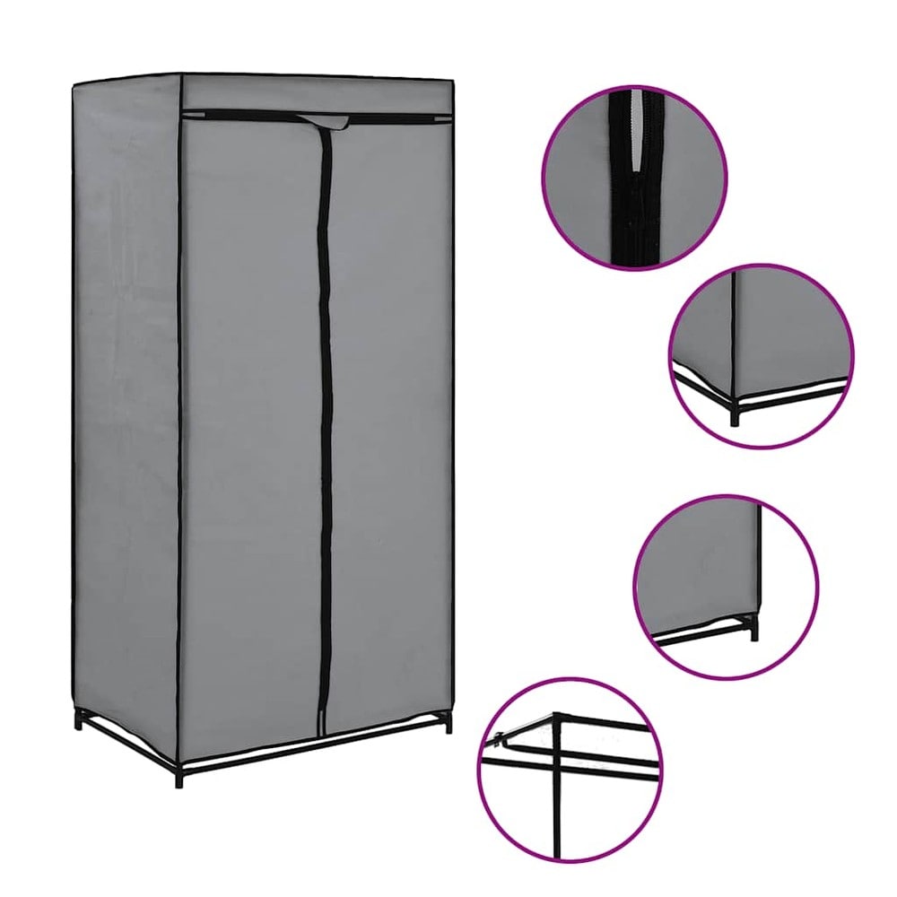 Garderobe i stof 75×50×160 cm / tøjgarderobe med tøjstang / stofgarderobe med lynlås – Grå