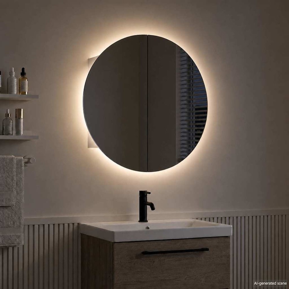 Badeværelsesskab med rundt spejl og LED Ø60 cm / spejlskab med 2 hylder – Hvid