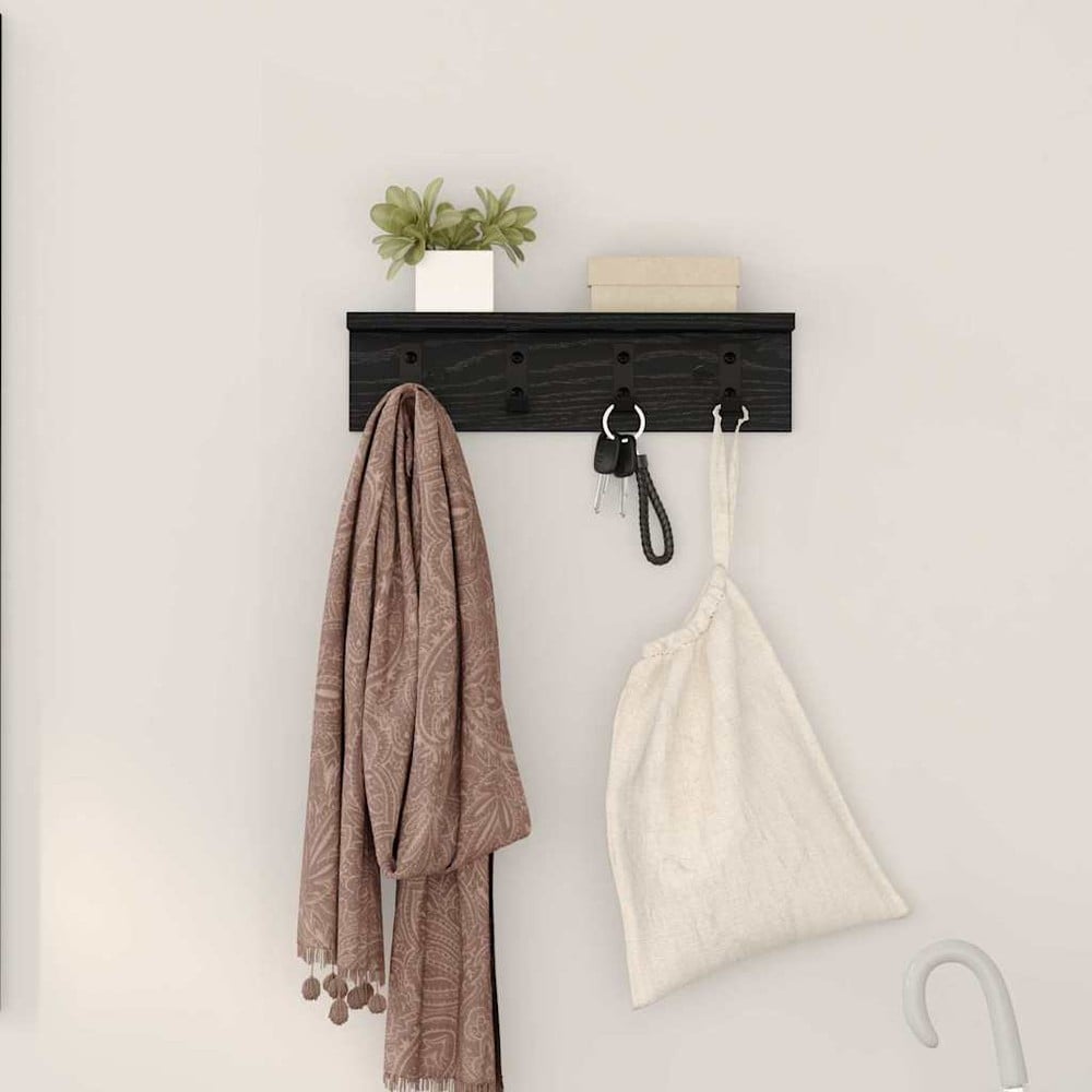 Hattehylde 40×10,5×10,5 cm / væghylde med kroge / tøjopbevaring til entré – Sort