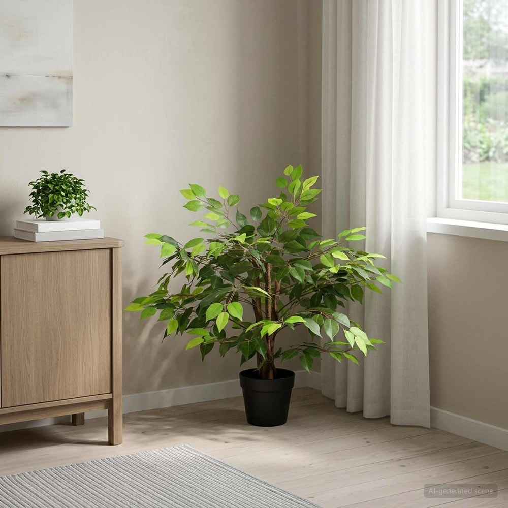 Kunstig fikus 60 cm / kunstplante med stofblade og træstamme / dekorationsplante – Grøn