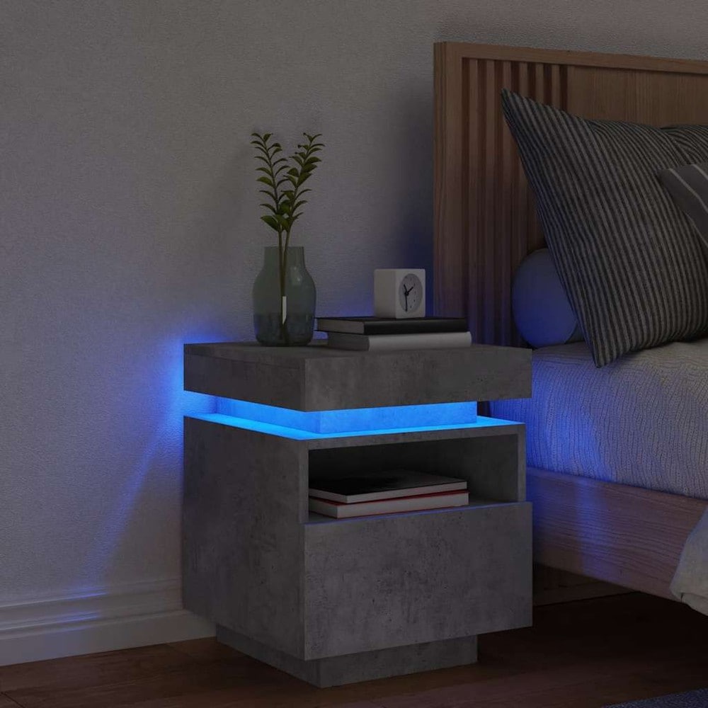 Sengebord 40×39×48,5 cm / natbord med RGB LED-belysning og opbevaring – Betongrå