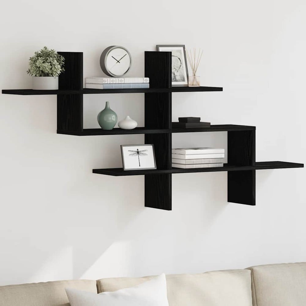 Væghylde 124,5×18×60,5 cm / vægophængt hylde i trækomposit – Sort
