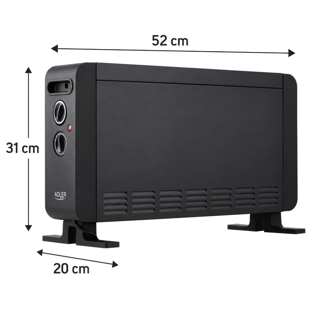 Konvektorovn 2000 W / varmeovn med 3 effektindstillinger og termostat – Sort
