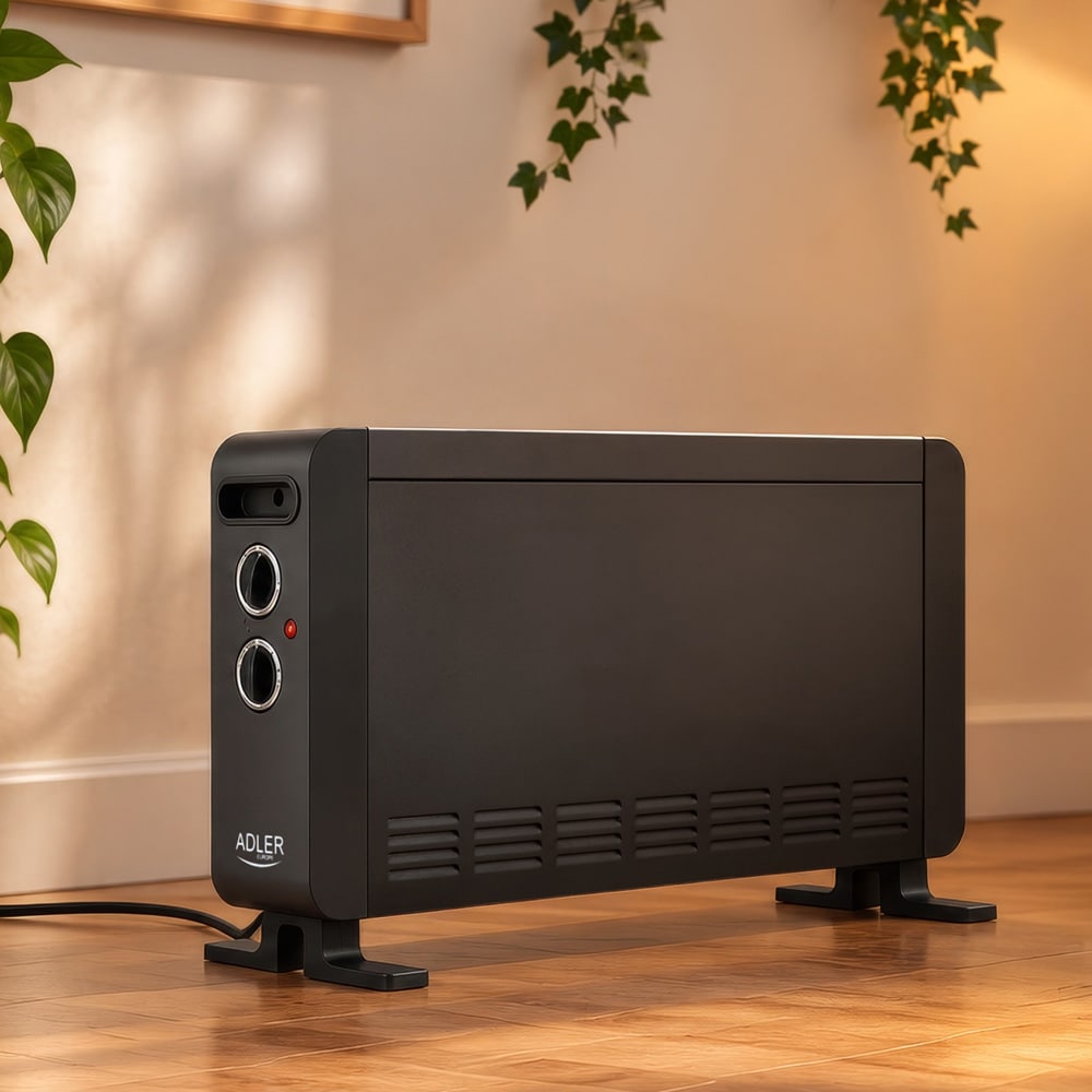 Konvektorovn 2000 W / varmeovn med 3 effektindstillinger og termostat – Sort