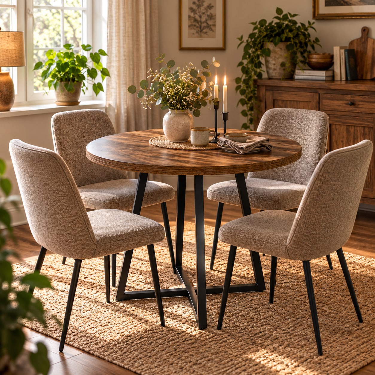Spisebord til 4 personer med metalben / Rundt køkkenbord / Rundt spisebord med brun trælook
