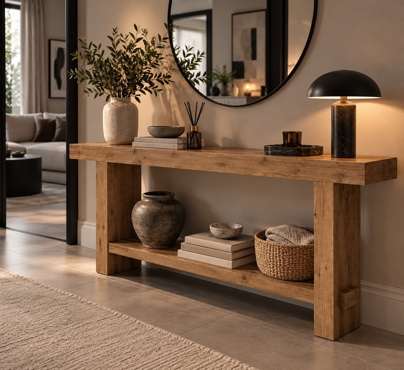Konsolbord i massivt træ, 160 cm – Brun / Entrébord med opbevaringsplads / Aflastningsbord i træ