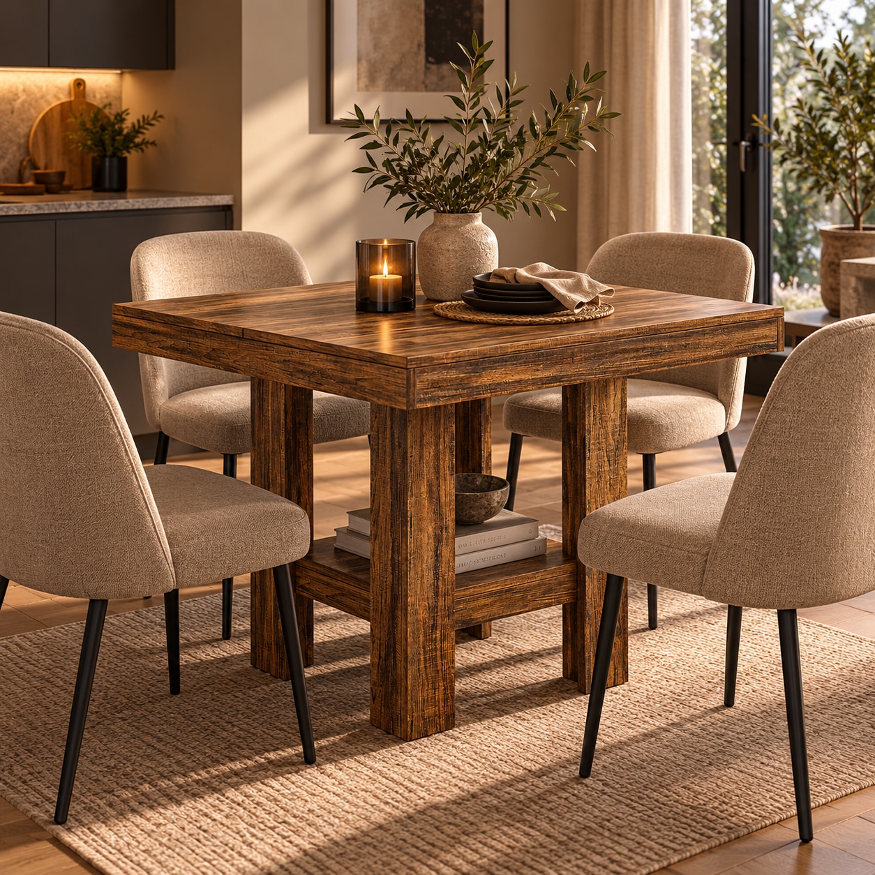 Firkantet spisebord 80 x 80 cm til 4 personer – Brun / Køkkenbord med hylde / Spisebord