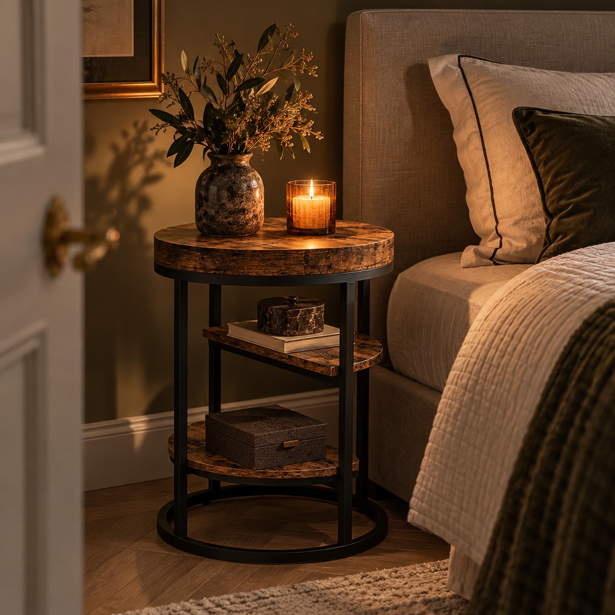 Rundt sidebord med 3 hylder – Rustik brun/Svart / Sidebord til sofa / Rundt sengebord