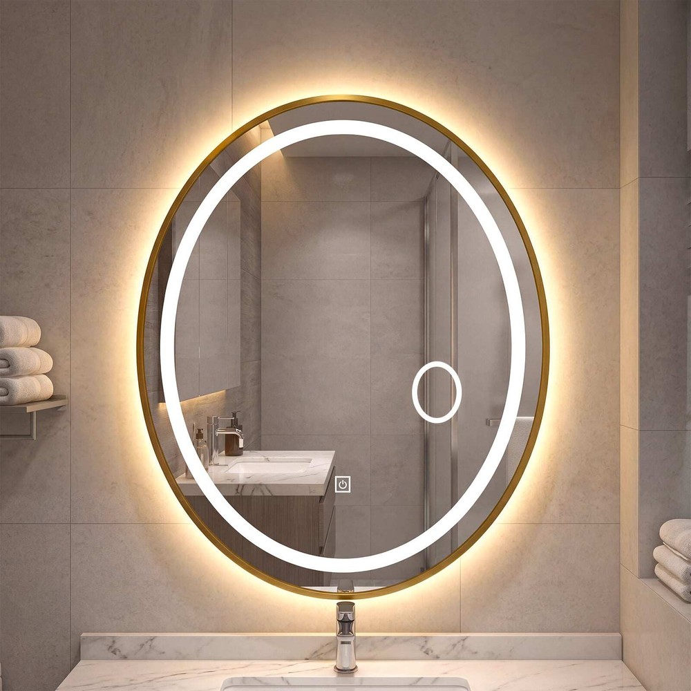Oval badeværelsesspejl med LED-belysning, 60 x 50 cm, lysdæmpelig – Guld / Vægspejl med lys / Makeupspejl