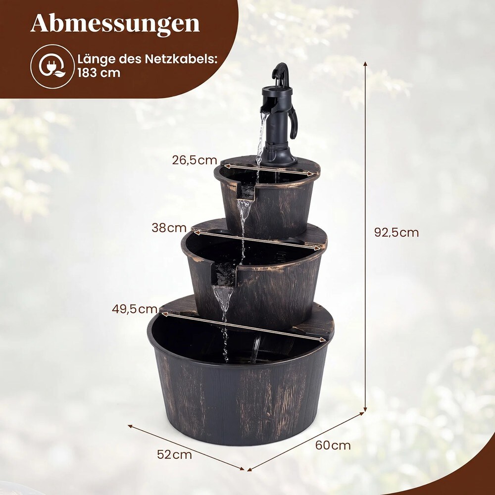 Havefontæne i 3 niveauer med pumpe, designet som en træfad / Vandfaldsfontæne / Dekorativ fontæne