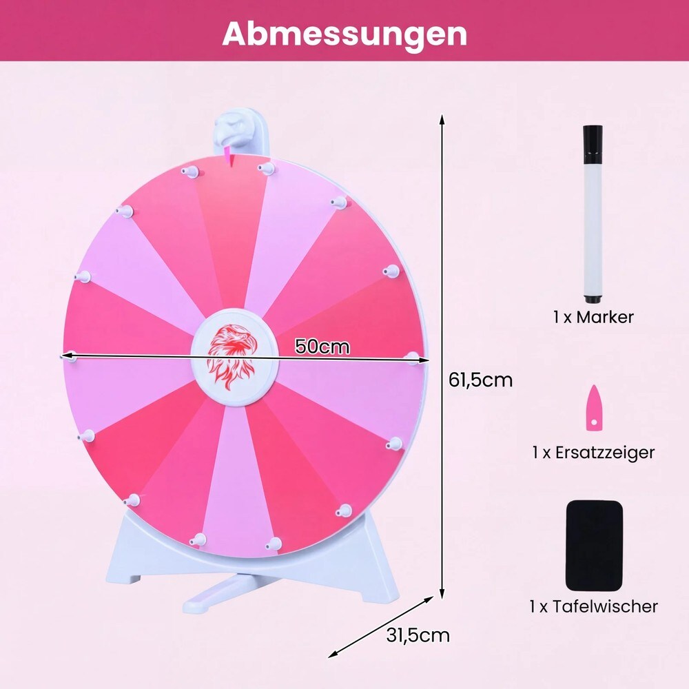 Lykkehjul 50 cm med 14 felter, der kan skrives på – Lyserød / Prishjul til fest / Hjul, der kan skrives på