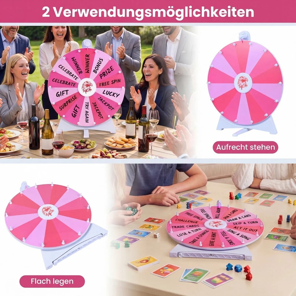 Lykkehjul 50 cm med 14 felter, der kan skrives på – Lyserød / Prishjul til fest / Hjul, der kan skrives på
