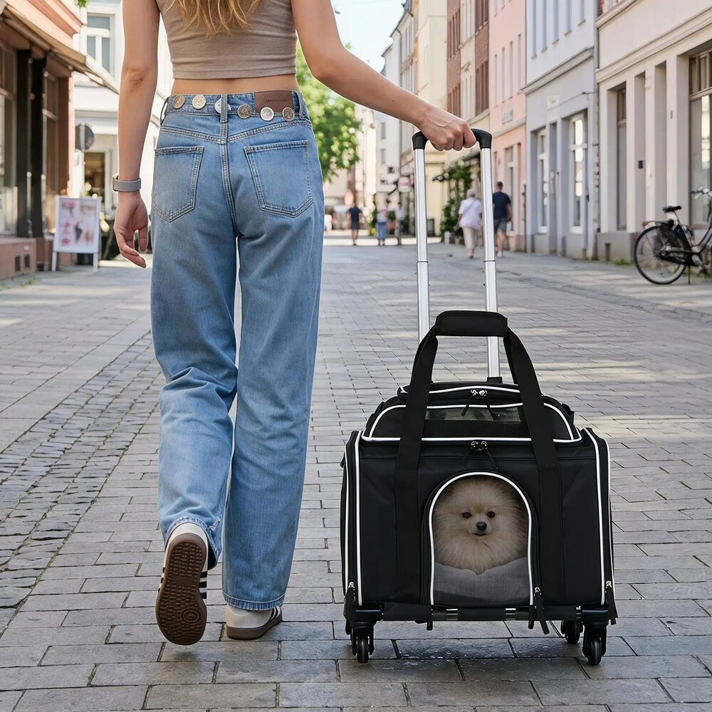 Sammenklappelig transporttaske til kæledyr på hjul – Svart / Kæledyrstrolley / Bæretaske